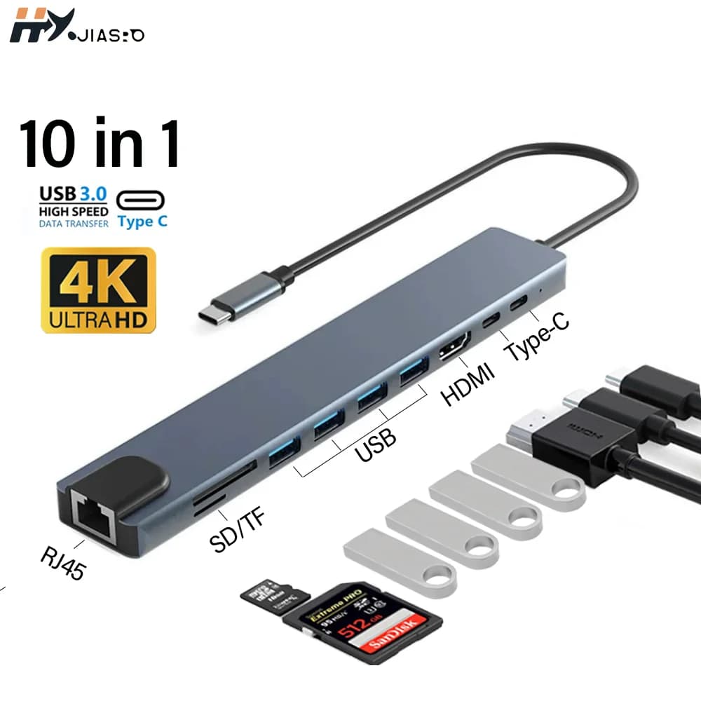 10 in 1 USB C Hub 4k Docking Station Tipo C porte multiple Adattatore compatibile PD SD TF Rj45 per Xiaomi IPhone Trasferimento rapido dei dati