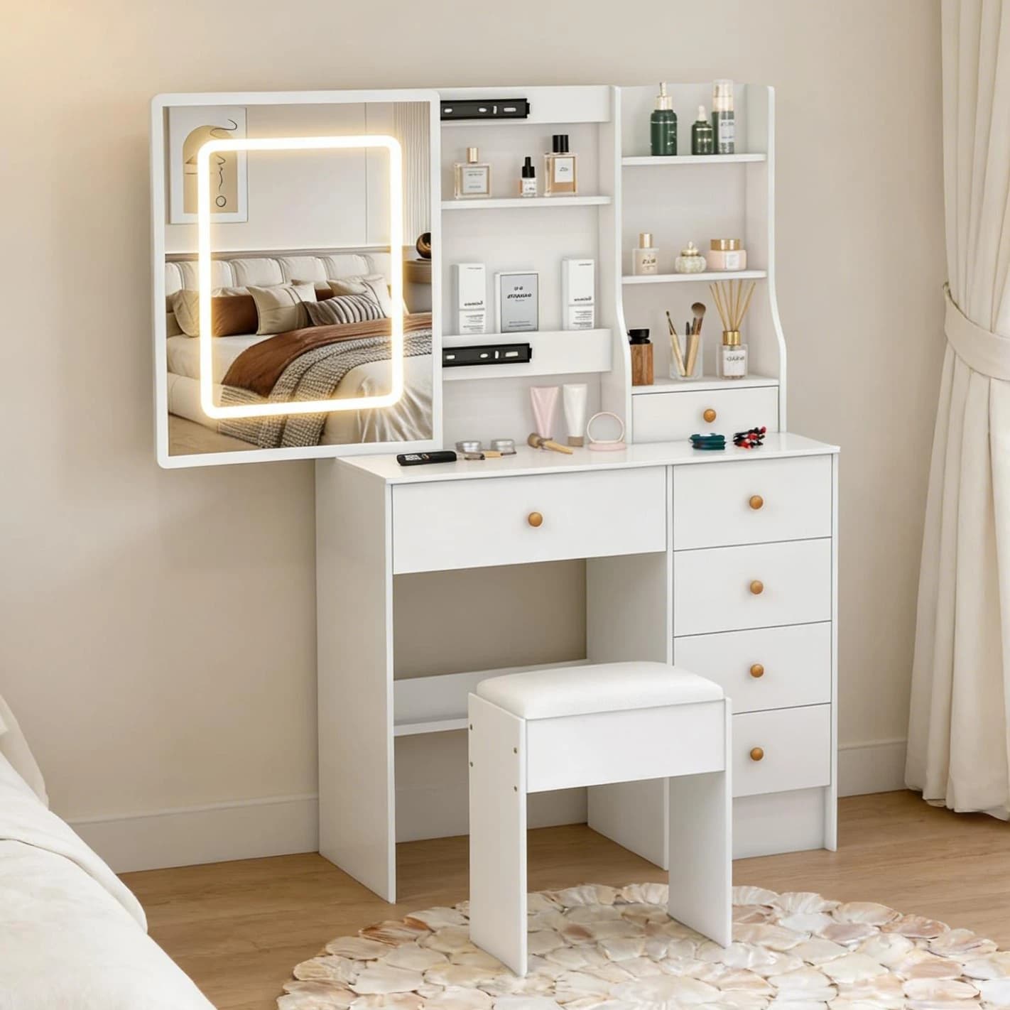 Set Vanity Modern White Teousev with Large LED Mirror Touch Control, 5 Drawers and Stool, 3 Open Parts, Vanity Desk
