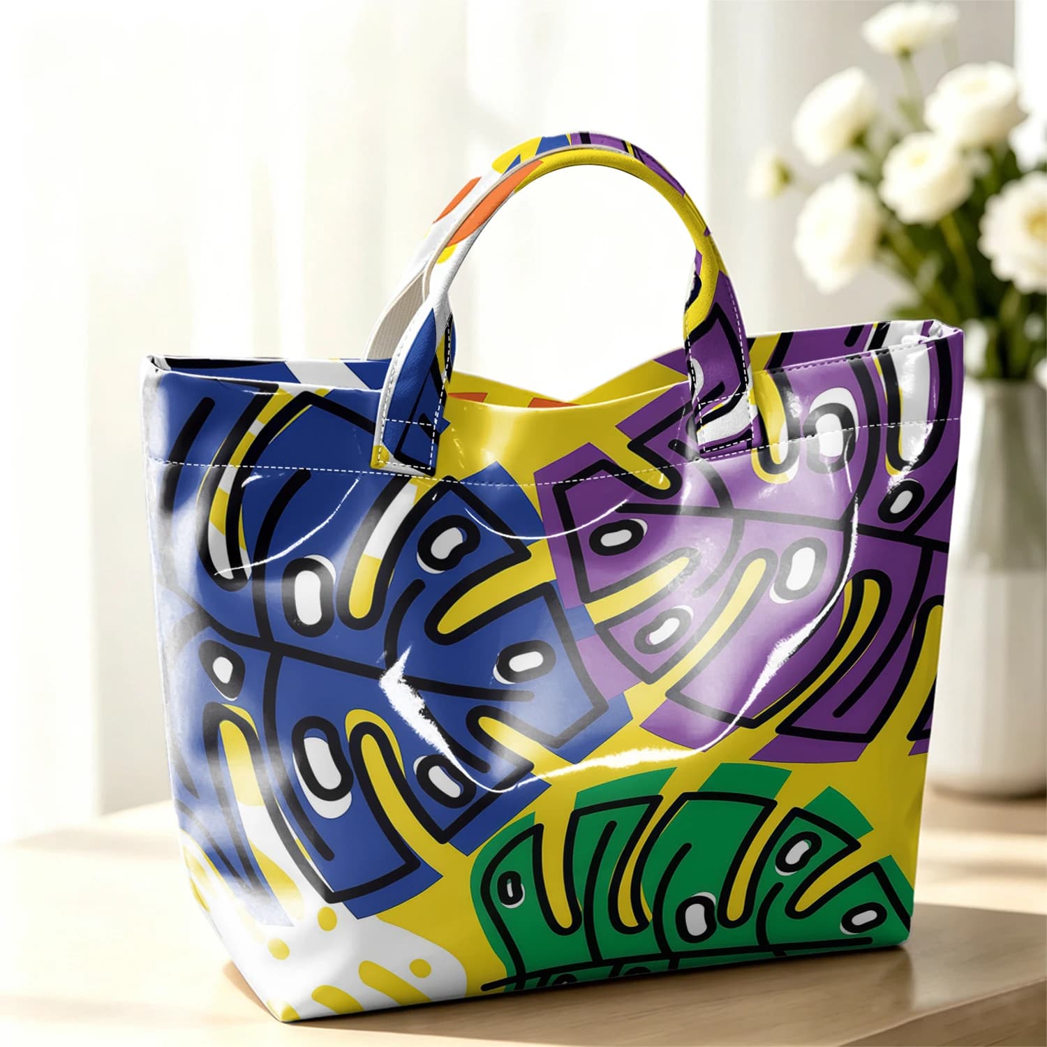 Pop Art Monstera Leaf Hot Sale Large Glossy PVC Tote Bag Hand Washable Waterproof for Travel Commute Makeup Storage Handbags