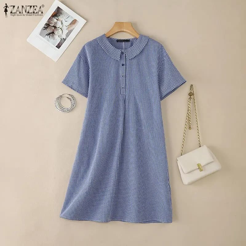 Short-sleeved short-sleeved dresses with double-sided collar, knee length, ZANZEA, women's casual summer dresses