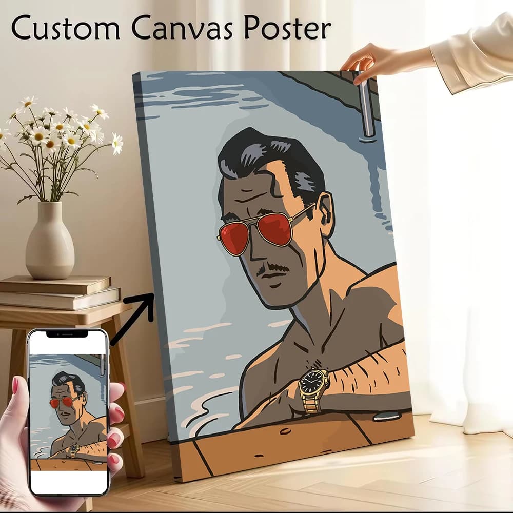 Poster su Tela di Uomo con Occhiali Rossi in Piscina, Stampa Artistica per Decorazione Casa e Interni