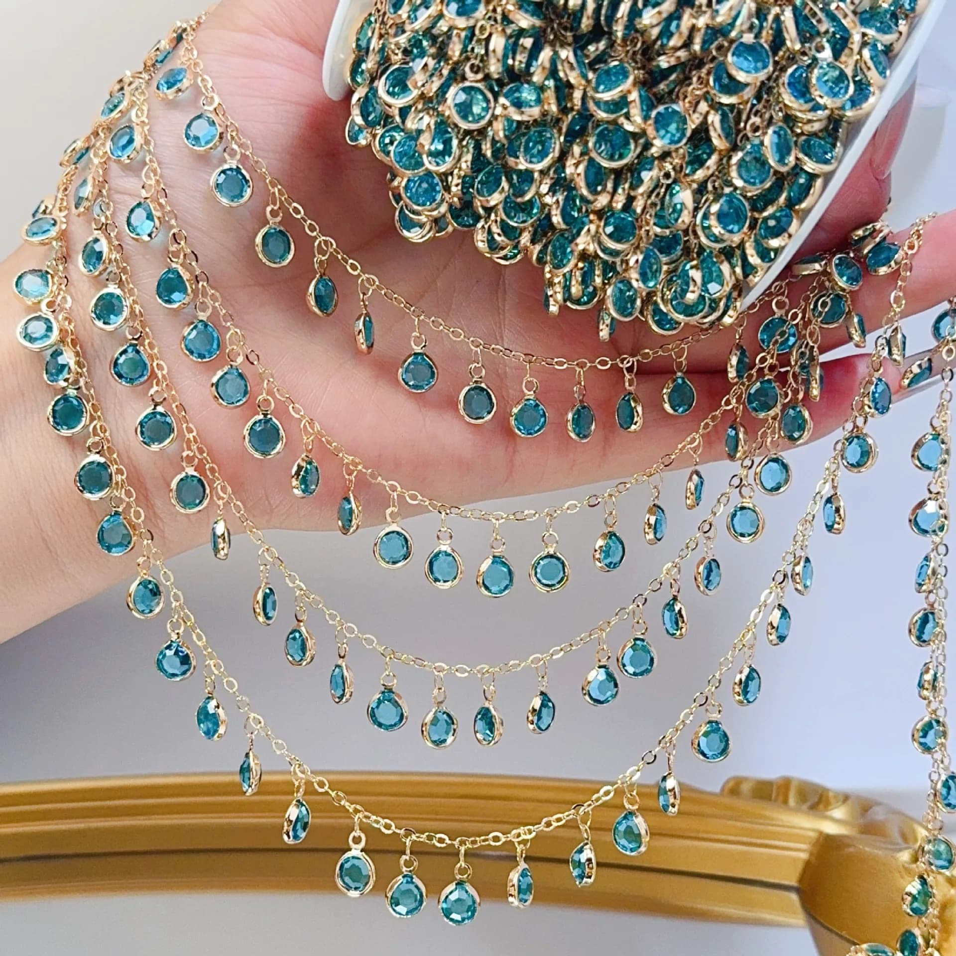 1Meter Lake Blue Glass Pendant Tassel Copper Chain For DIY Necklace Exotic Clothing Hair Accessories Material Making