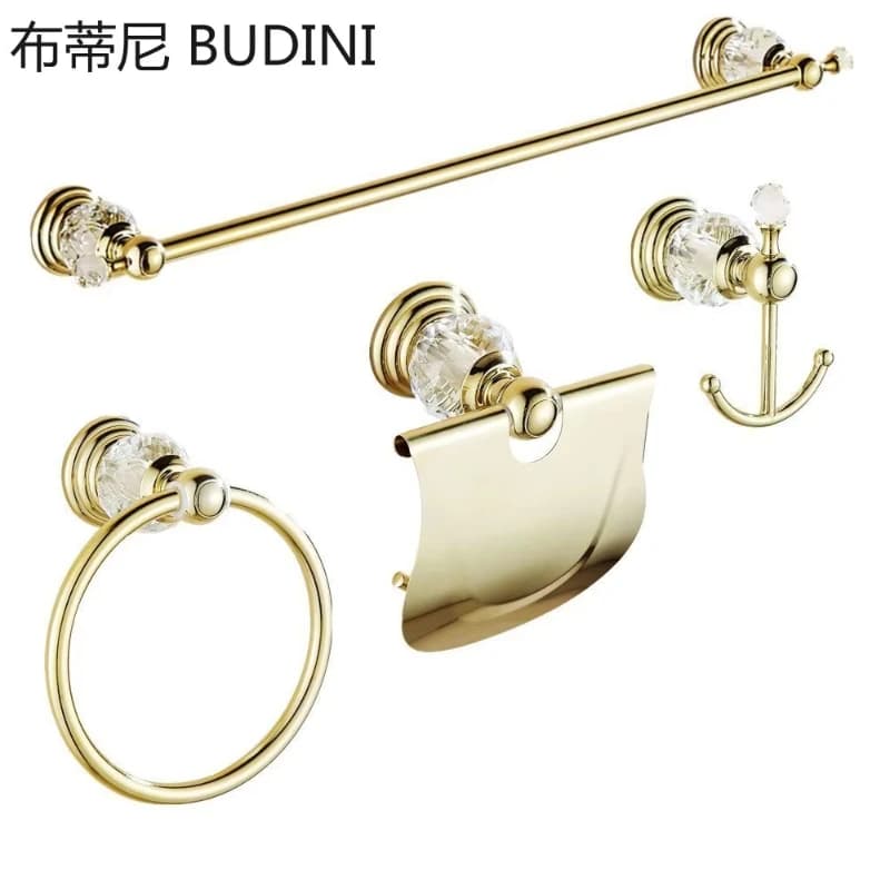Set di accessori per il bagno da 4 pezzi in oro cromato lucido, portasciugamani in ottone e cristallo, porta carta a parete, set di accessori per il bagno
