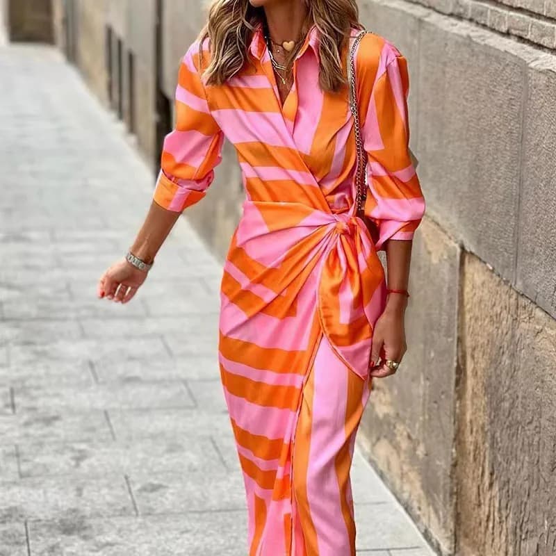 2024 AliExpress abito midi a righe con lacci e colletto della camicia stampato di nuova moda transfrontaliera europea e americana