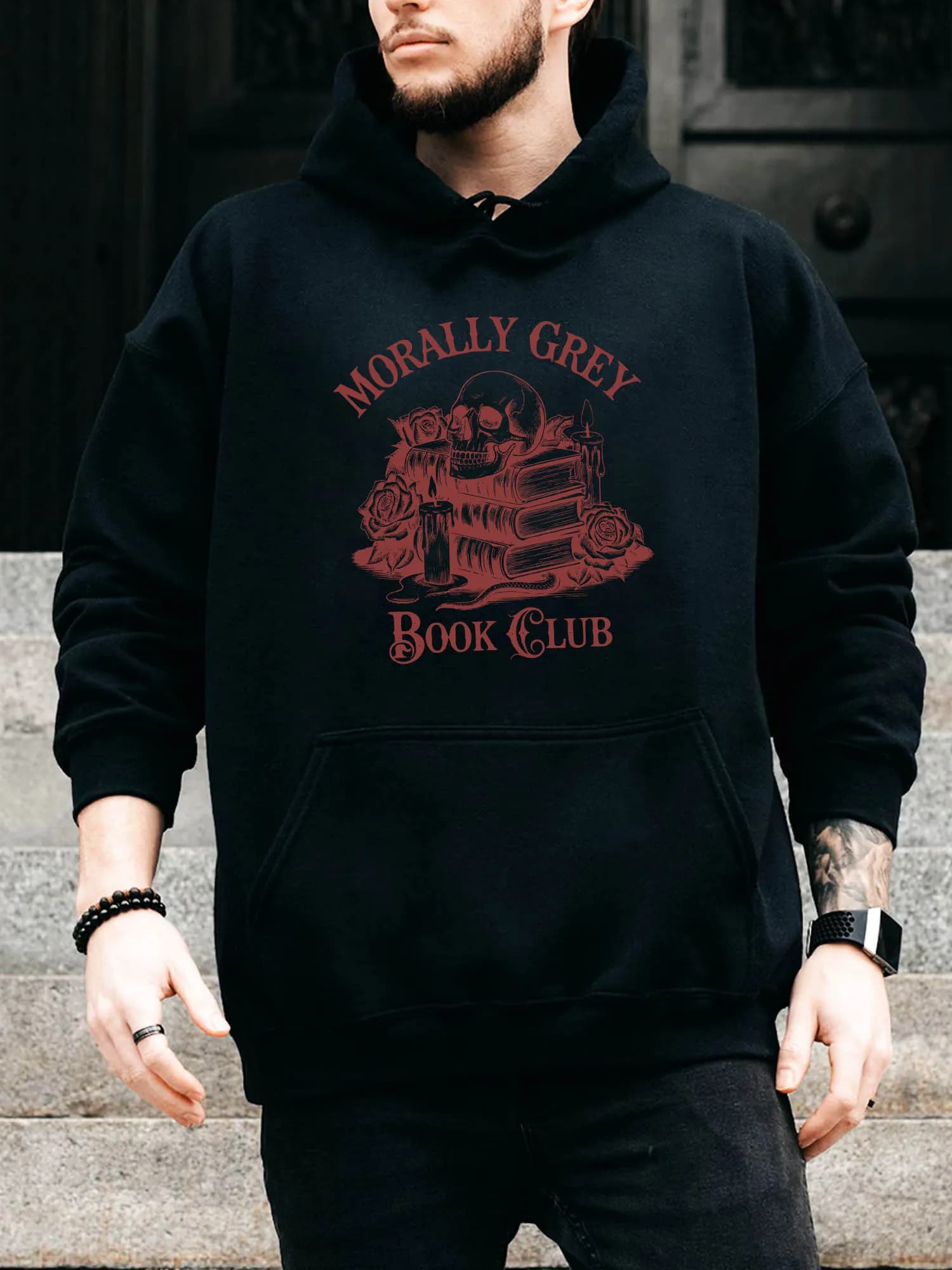 Felpa con cappuccio da uomo Morally Grey con coulisse - Pullover nero casual e confortevole, felpa con cappuccio autunno e inverno