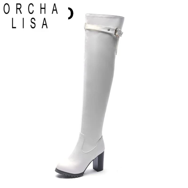 ORCHA LISA Big Size 33-50 Women's high boots in eco-leather Side heels with wide heel White boots F1316