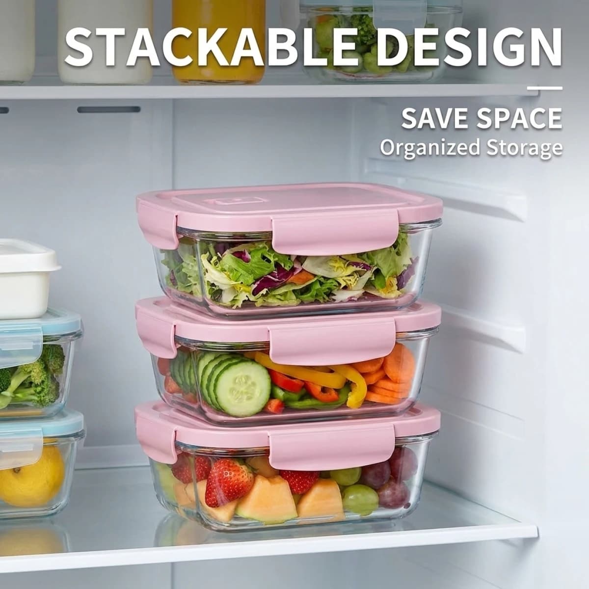Contenitore in Vetro con Coperchio Rosa per Preparazione Pasti, Lunch Box in Borosilicato Anti-Perdita, Contenitore Impilabile per Alimenti Adatto al Microonde per Cucina