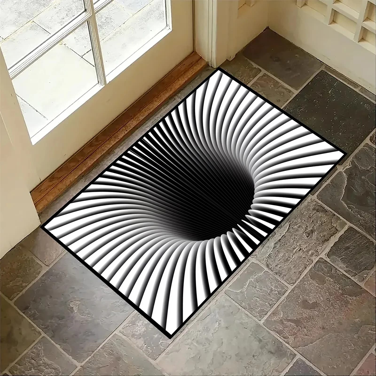 2D Flat Black White Spiral Optical Illusion Vortex Flannel Door Mat Non Slip Modern Art Rug For Entryway Hallway Floor