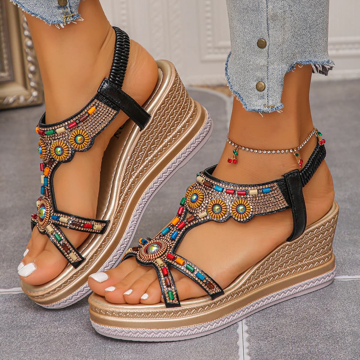 Women's Colorful Beaded Bohemian Wedge Sandals Thick Sole Non Slip Summer Beach Shoes Woman Retro Flower Chunky Platform Sandals