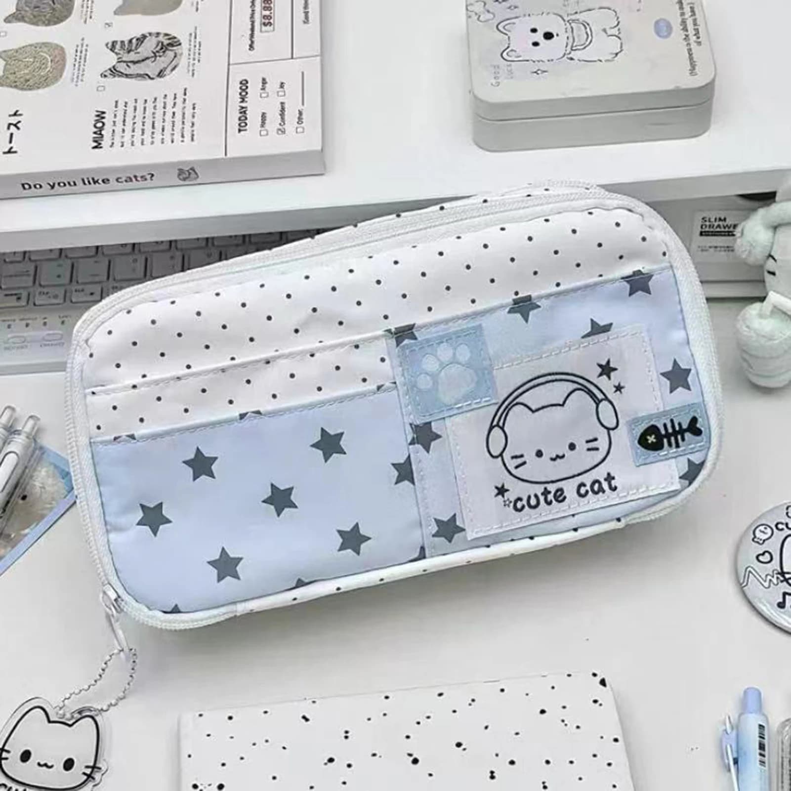 Borse per cancelleria in stile Ins Girl Heart Style, astucci per matite blu con disegni di gattini a pois musicali, astucci per penne multistrato di grande capacità
