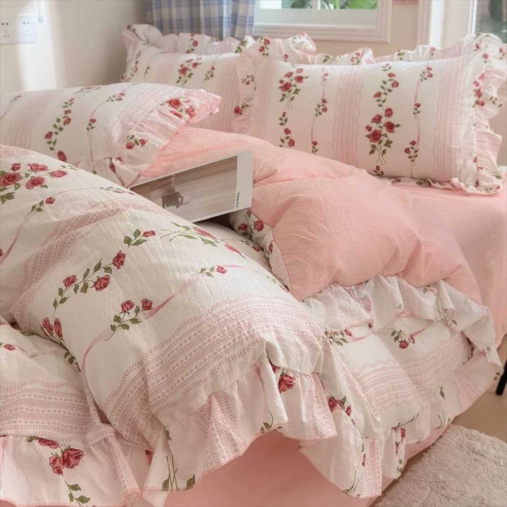 Y1 HomeIns Set of four pieces in cotton washed style Korean princess Set of fresh lace duvet cover, sheet set of three pieces on bed