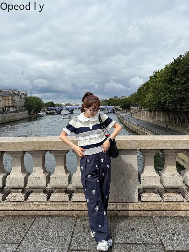 New 2026 Japanese Sweet Striped Ruffle Edge Knitted Women's Top Summer Doll Collar Fashion Girls Commuter Short-sleeved T-shirt
