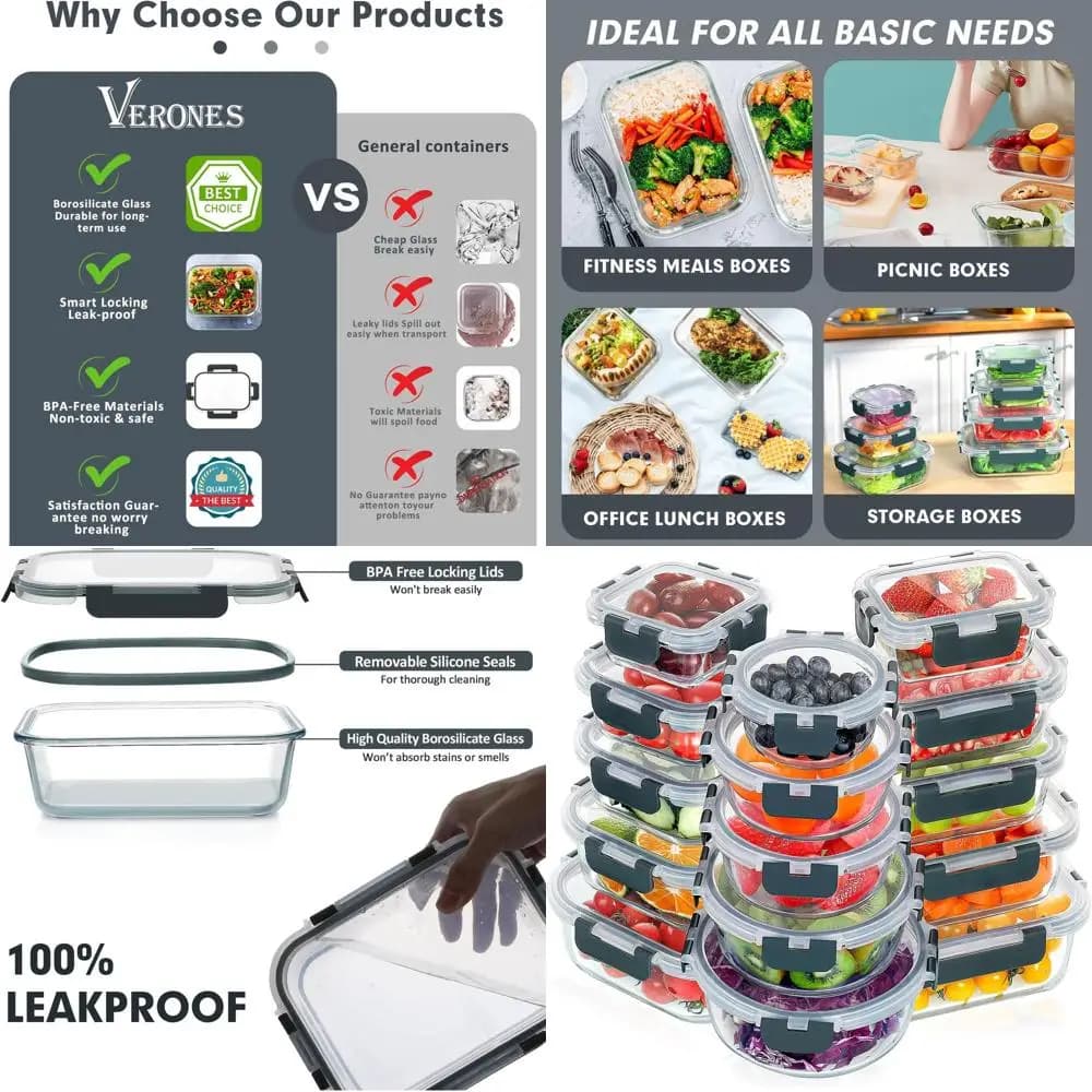 Set di 30 contenitori impilabili e ermetici per la preparazione dei pasti in vetro, aptos per microonde, forno, congelatore e lavastoviglie, grigio