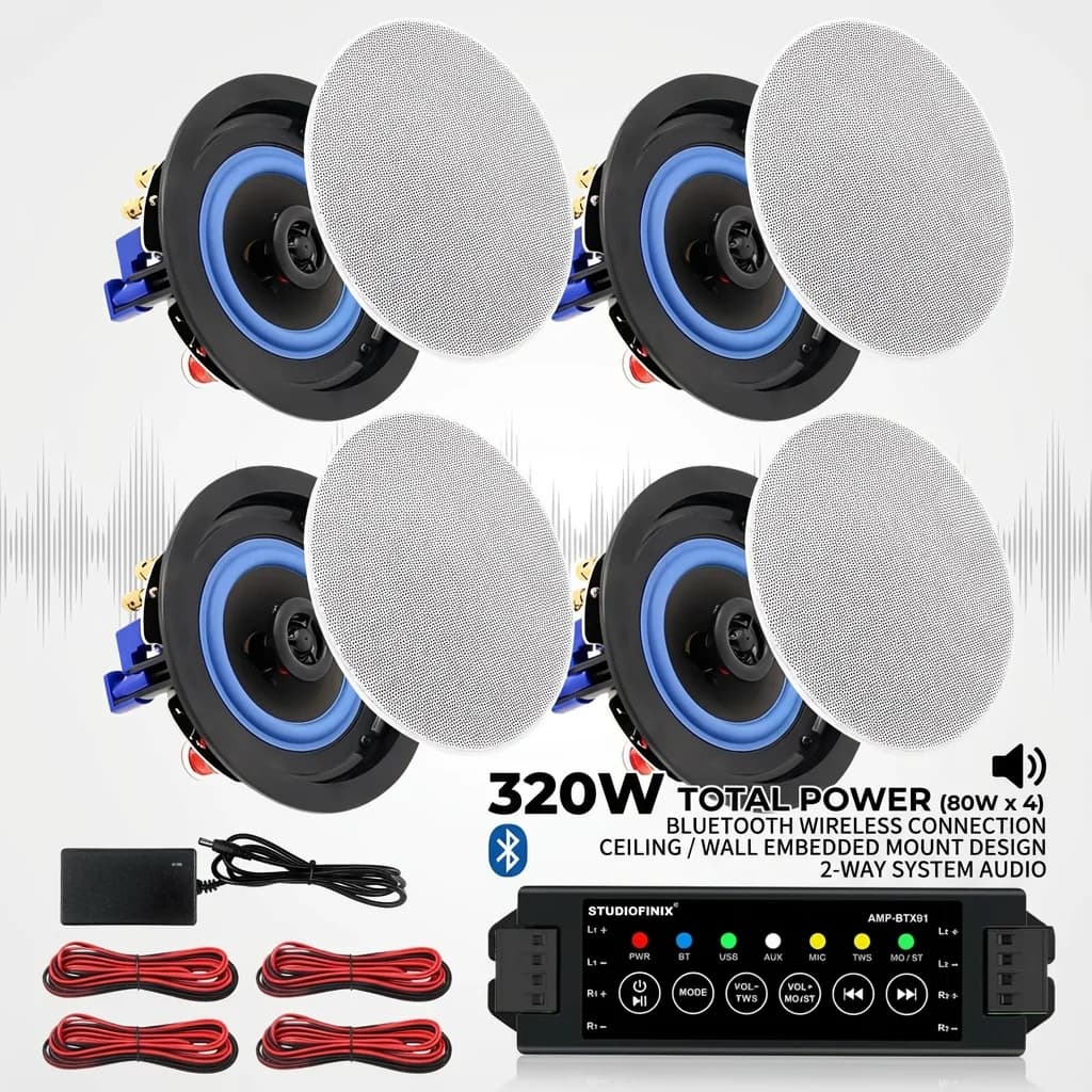STUDIOFINIX Altoparlanti da soffitto Bluetooth a 2 vie da 4 '' Set di altoparlanti da incasso per casa cablato da 320 W perfetti per montaggio a incasso domestico interno 4 pezzi