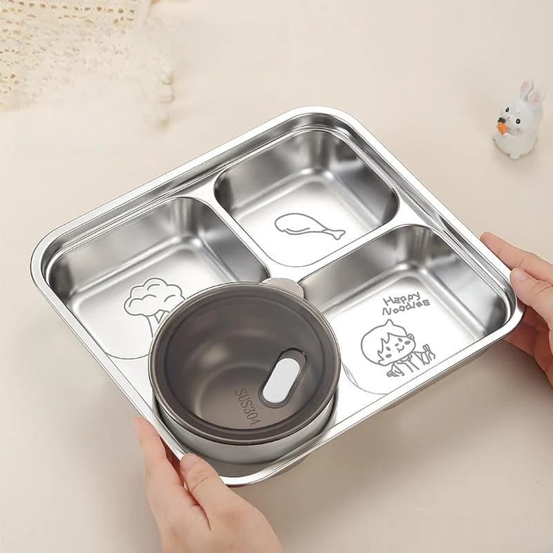 Piatto per Pasti a Quattro Scomparti in Acciaio Inox 316, Piatto per Mensa Studentesca, Ciotola per Dieta e Perdita di Peso per Adulti, Contenitore per Alimenti di Forma Quadrata
