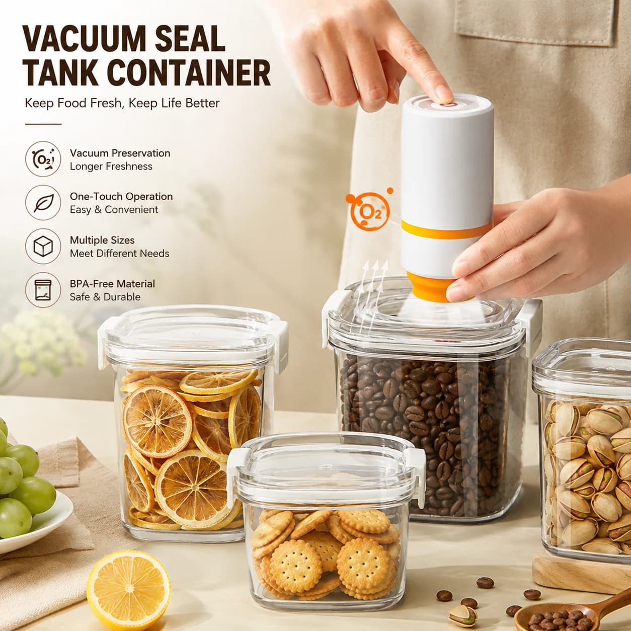 Electric Vacuum Seal Canister 460–1300ml, Moisture-Proof Fresh Storage Container for Coffee Beans Cereals Rice Candy and Tea