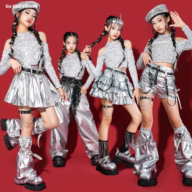 Girls Hip Hop Sequin Off Shoulder Crop Top Silver Skirts Dance Shorts Kids Jazz Pants Clothes Set Child Streetwear K-pop Costume