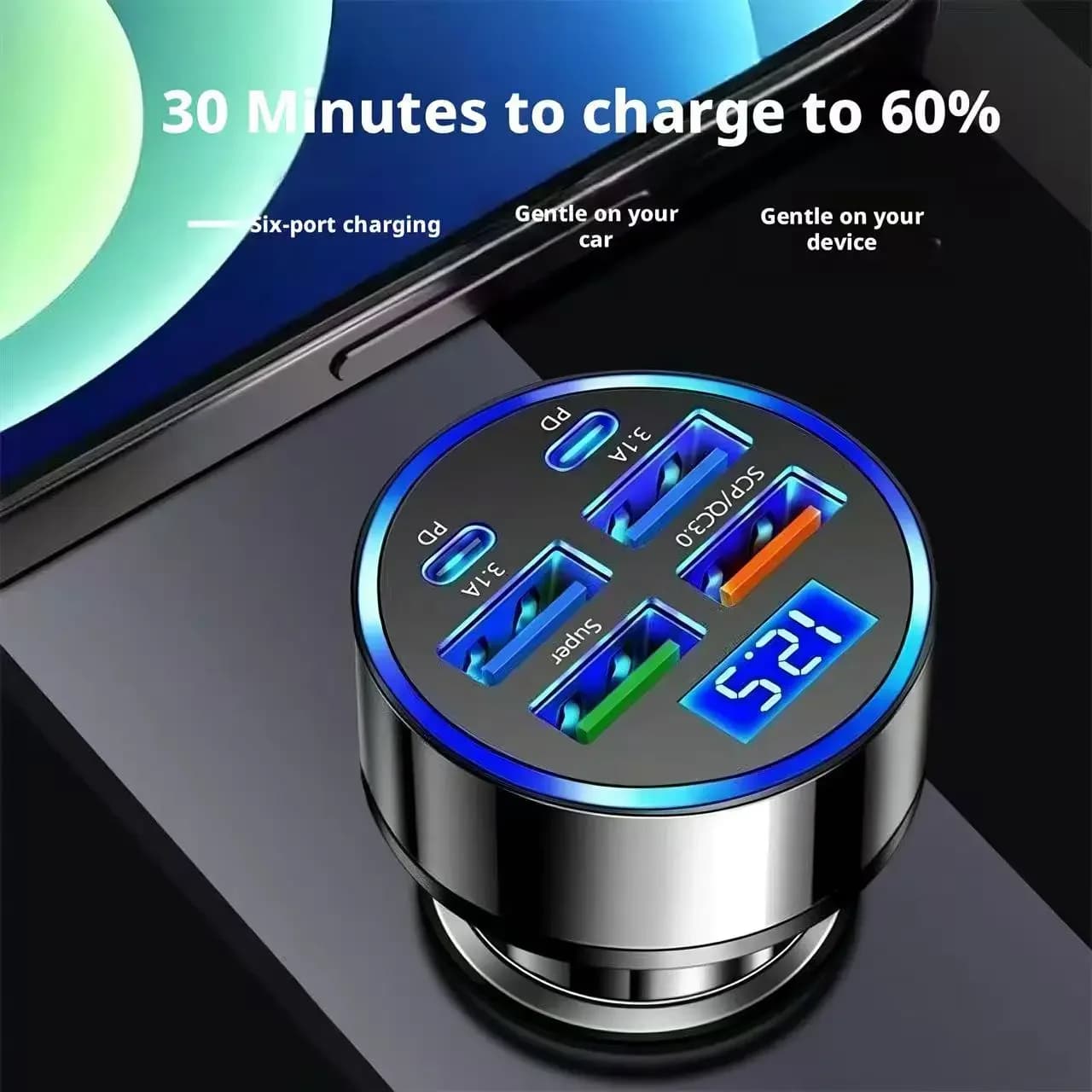 Caricabatterie Auto Super Veloce a 6 Porte USB, Adattatore Universale per Presa Accendisigari con Ricarica Rapida