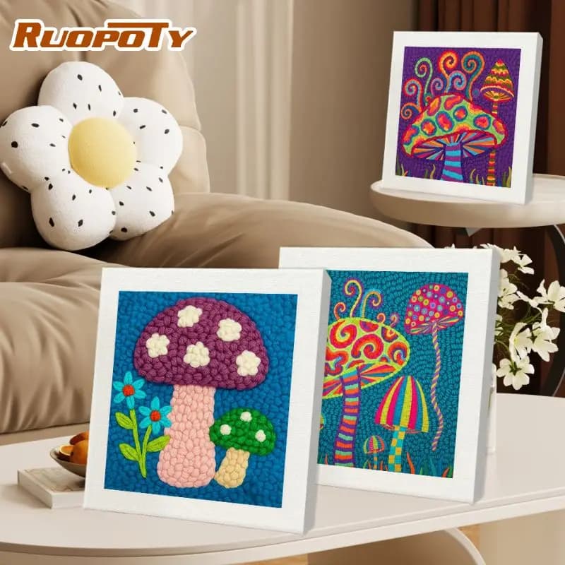 RUOPOTY Colorful Mushrooms Diy Needle Punch Kit Handicraft Art Adult Hobbies Landscape Needle Punch Kit For Beginners Modern Nee