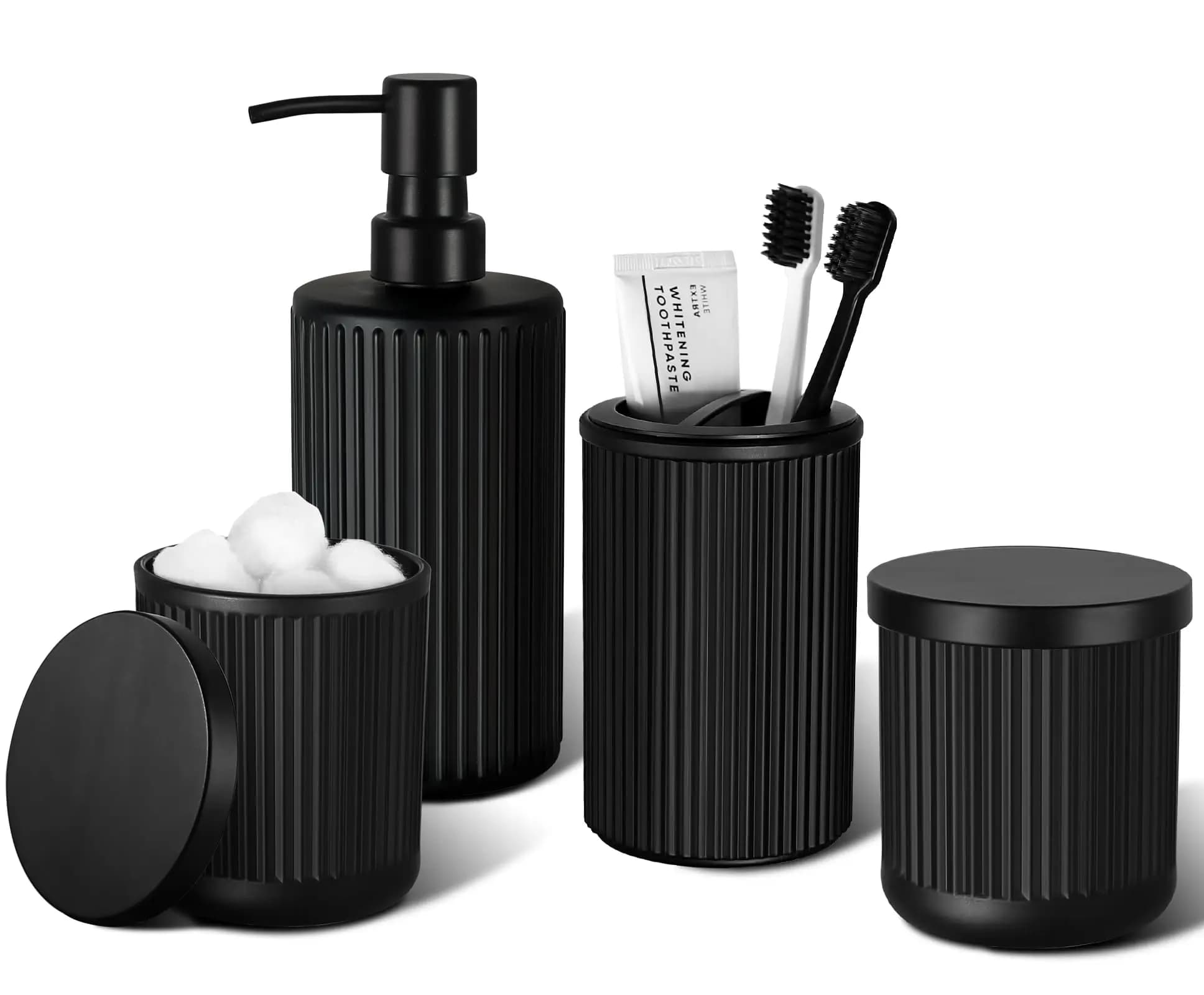 Set da Bagno 4 Pezzi, Dispenser Sapone in Vetro Nero Opaco, Porta Spazzolino e Porta Cotone per Arredo Bagno da Appoggio