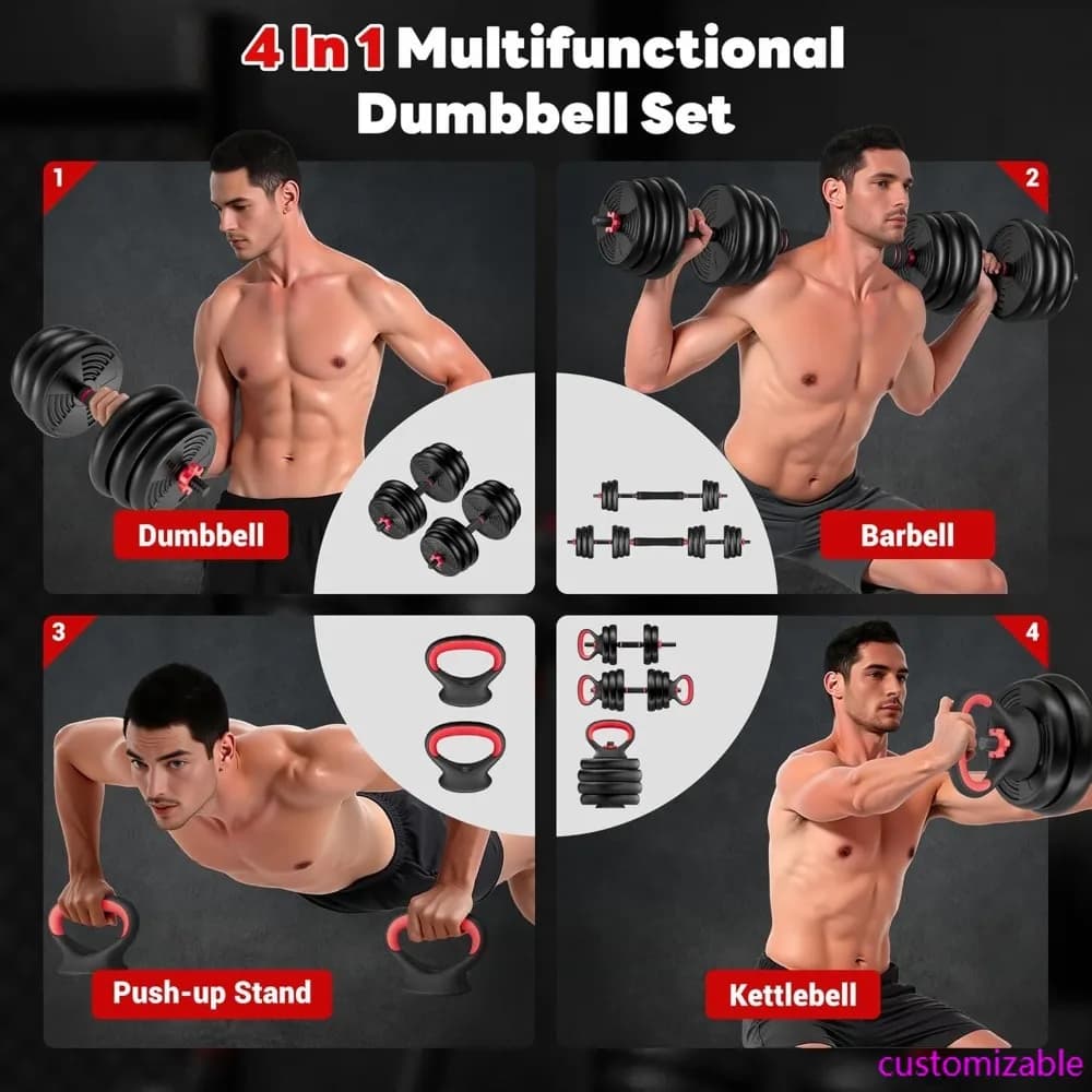 Adjustable handlebar set 4 in 1, 55/77 pounds free weights, Kettlebell barbell push up support for home gym