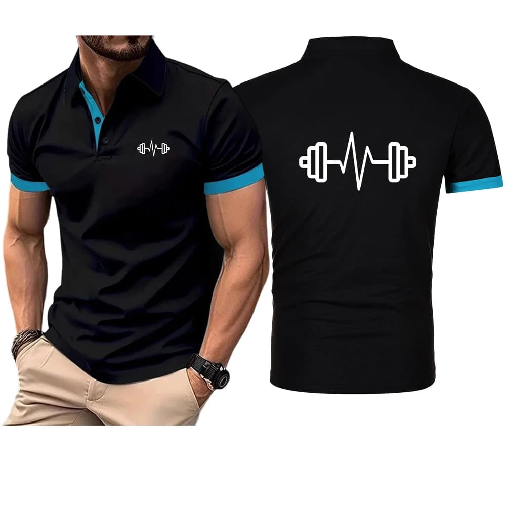 Fitness Dumbbell Pattern Print 2026 Men's New Summer Cotton Button Polo Shirts Casual Solid Color Premium Slim Fit Top