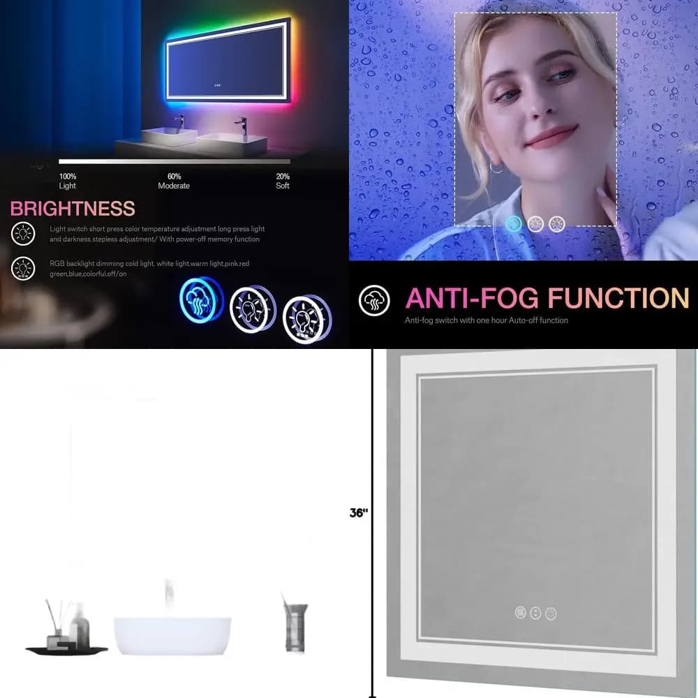 Specchio da bagno illuminato a parete con 36 LED con luce frontale e retroilluminazione RGB, vetro temperato, dimmerabile, antiappannamento, quadrato D