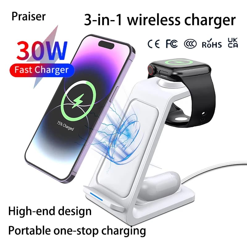 Dock for wireless charger 3 in 1 from 30 W for iPhone Samsung Xiaomi OPPO Apple Watch 8 7 AirPods Fast Induction Charging Station