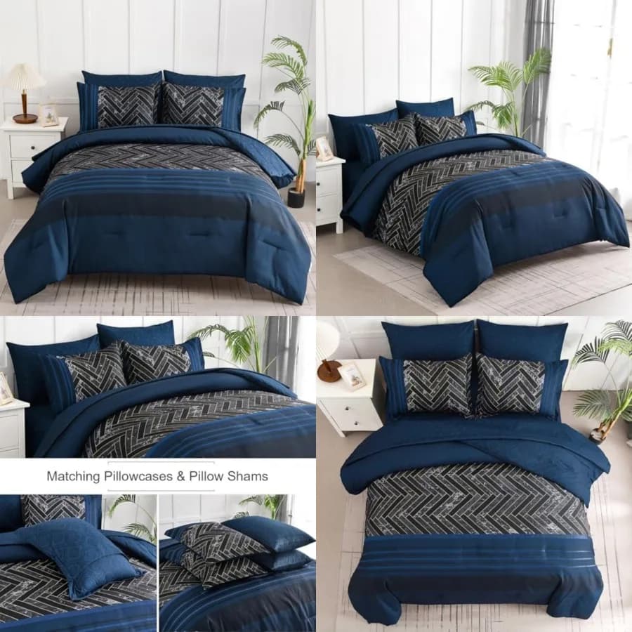 Set Copripiumino 7 Pezzi, Motivo a Righe Geometriche, Set Completo in Microfibra Morbida Blu Navy con Copripiumino e Lenzuola