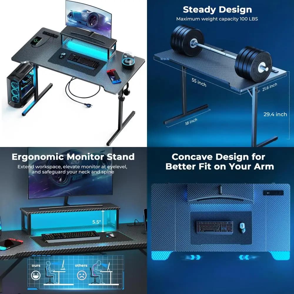 55 inch LED illuminated gaming desk with current sockets and carbon fiber design for PC monitor supports