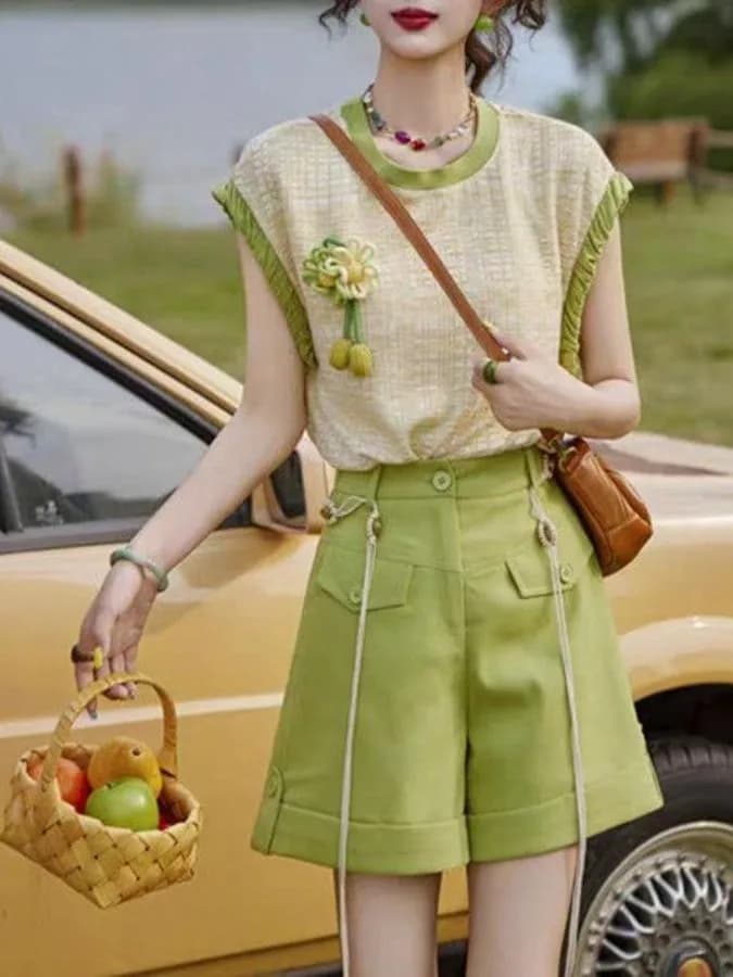 Summer Fashion 3D Flower Design Sleeveless Top And High Waist Wide Leg Shorts Set Women's Complete Outfit Korean Style Sweater
