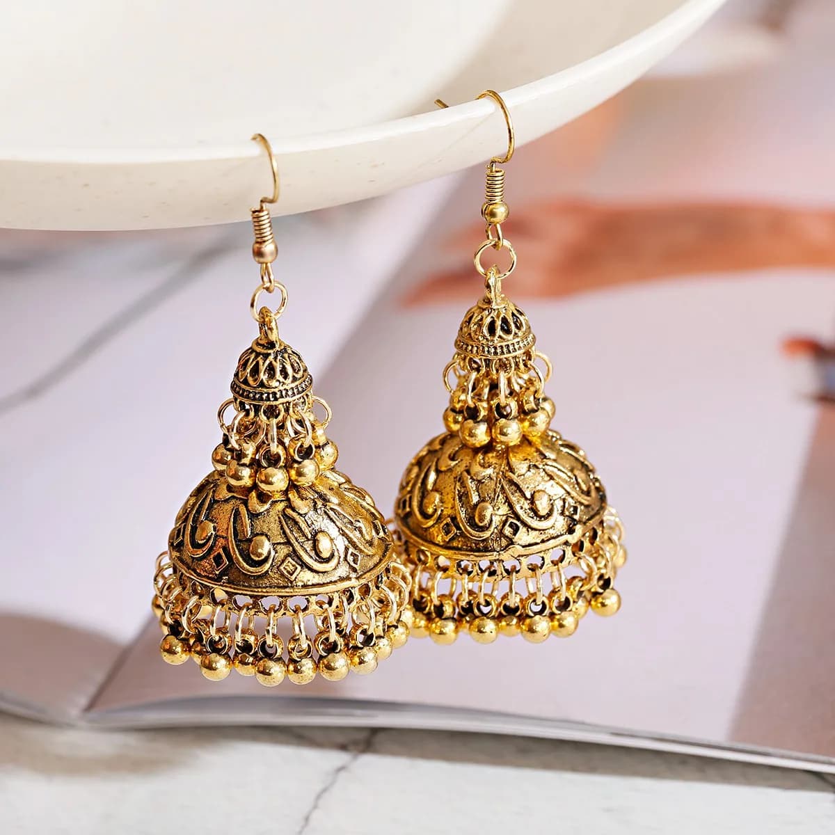 Indian Tibetan Jewelry Women's Gold Color Big Bell Jhumka Earrings Ethnic Gypsy Tassel Alloy Drop Earring Oxidized Jewelry