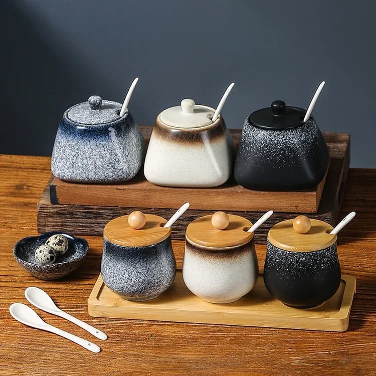 Set combinato di barattoli di spezie in ceramica vintage in stile giapponese, scatola di spezie per sale da cucina con coperchio, barattolo di zucchero, pepe, utensili da cucina per alimenti