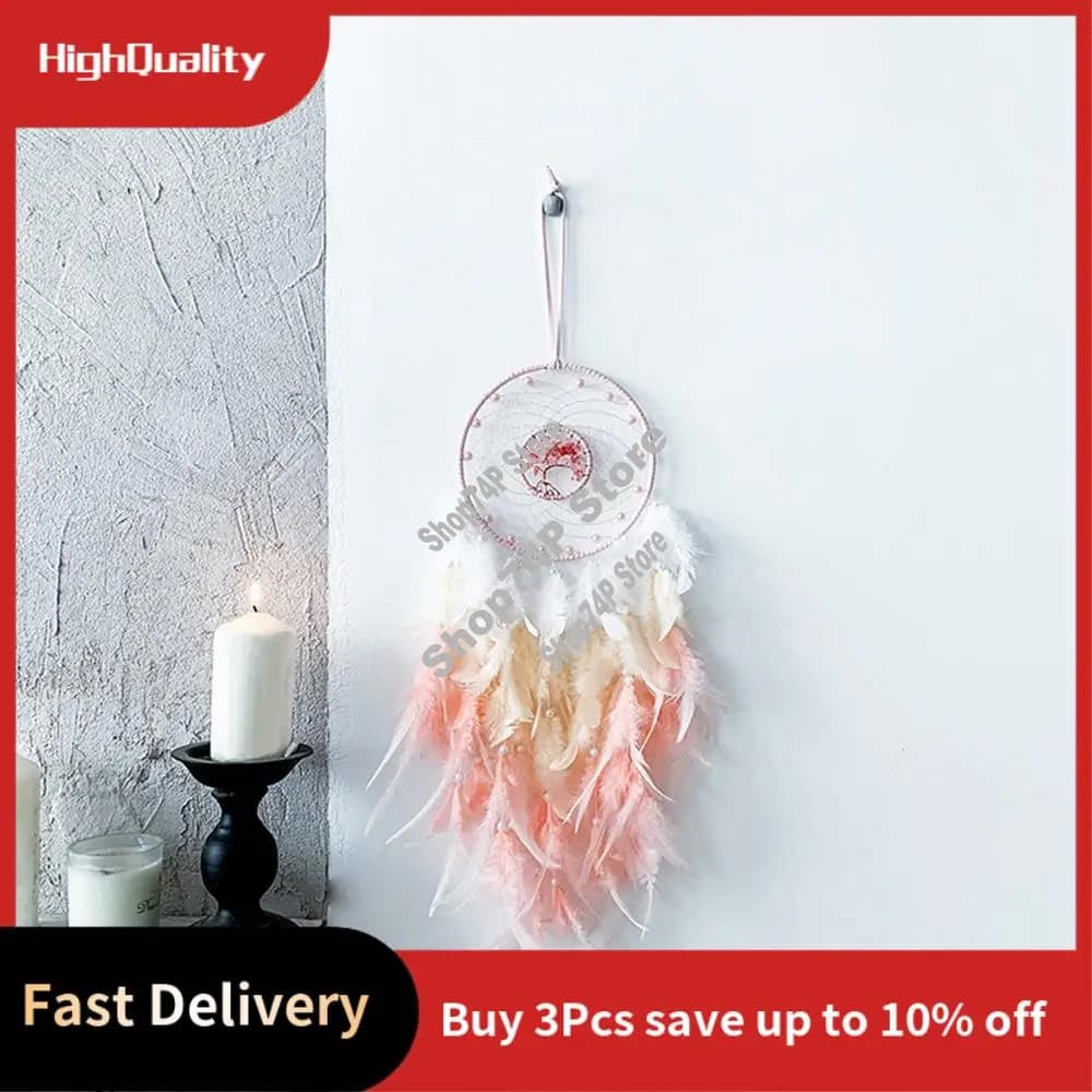 ABJY-Dream Catcher Hanging Ornament Decor Handmade LED Lights Pink Feather Healing Crystals Dreamcatchers For Home Wall Decor
