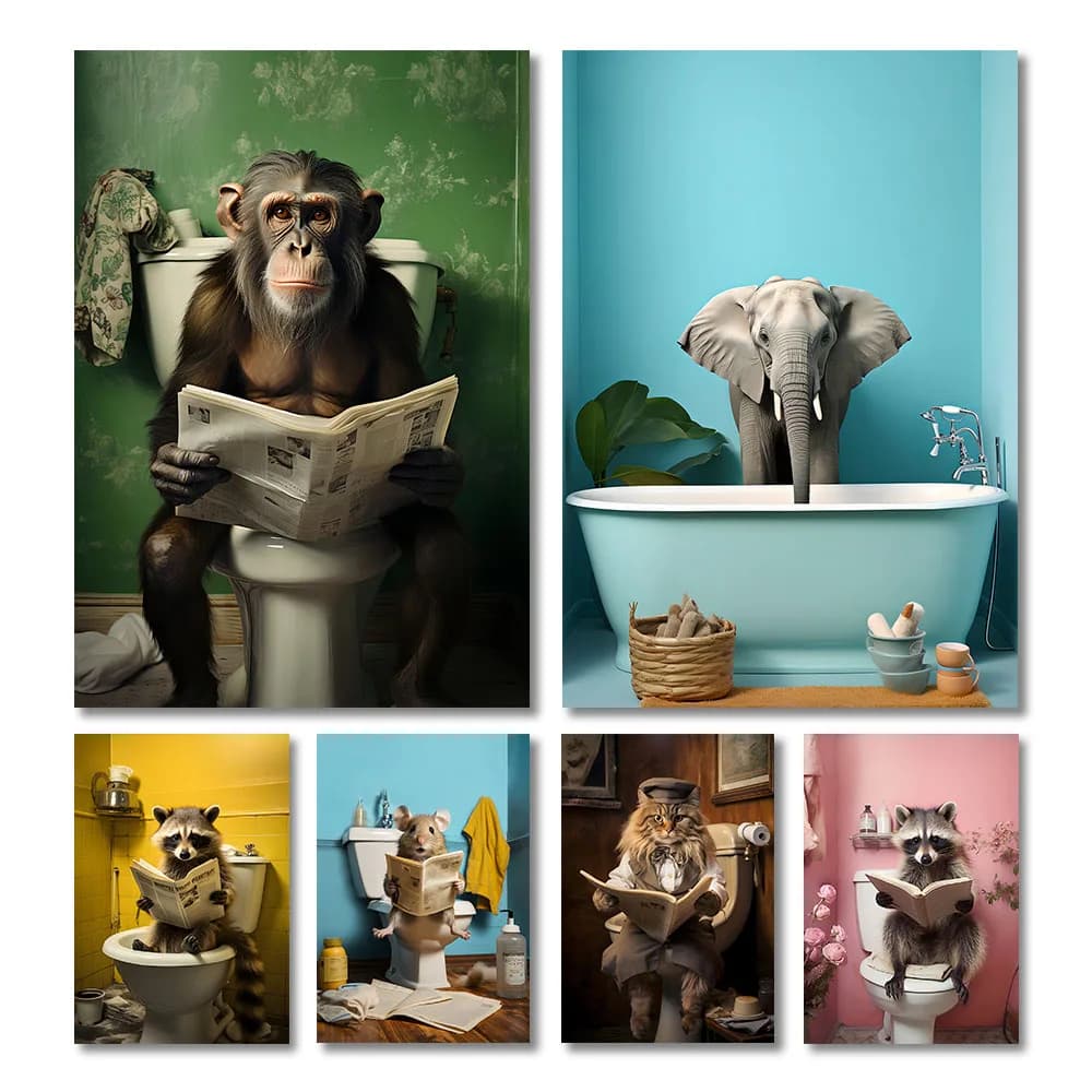 Animali divertenti Toilette Pittura su tela Stampe Gorilla Elefante Gatto Cane Wall Art Poster Immagine per Bagno Decorazione della casa