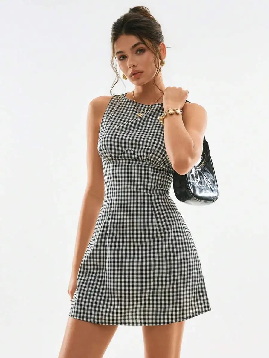 Womens Black And White Gingham Sleeveless Mini Dress Retro Vintage Casual Summer Outfit