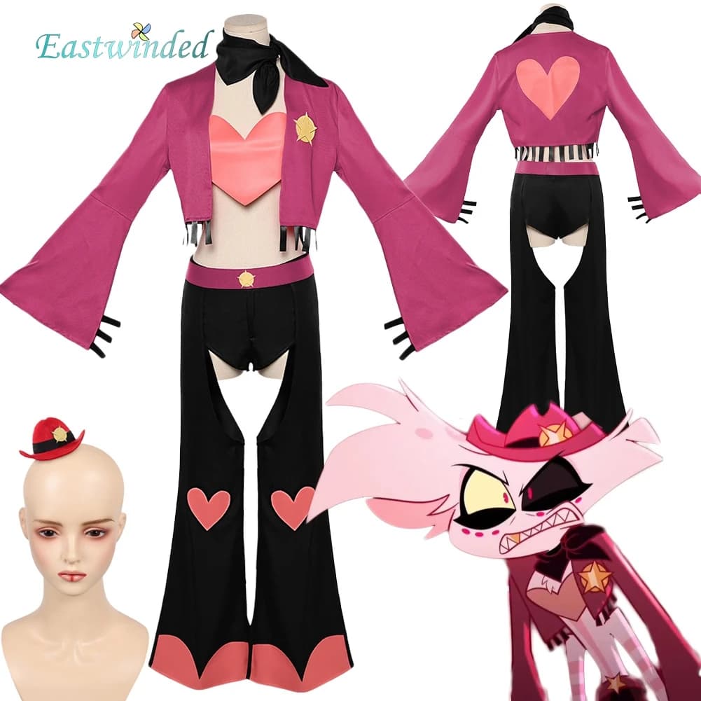 Hell Inn Angel Dust Cosplay Giacca rossa Cuore rosa Top Pantaloni Cappello rosso Copricapo Cappotto Costume Set Abiti da festa di carnevale di Halloween