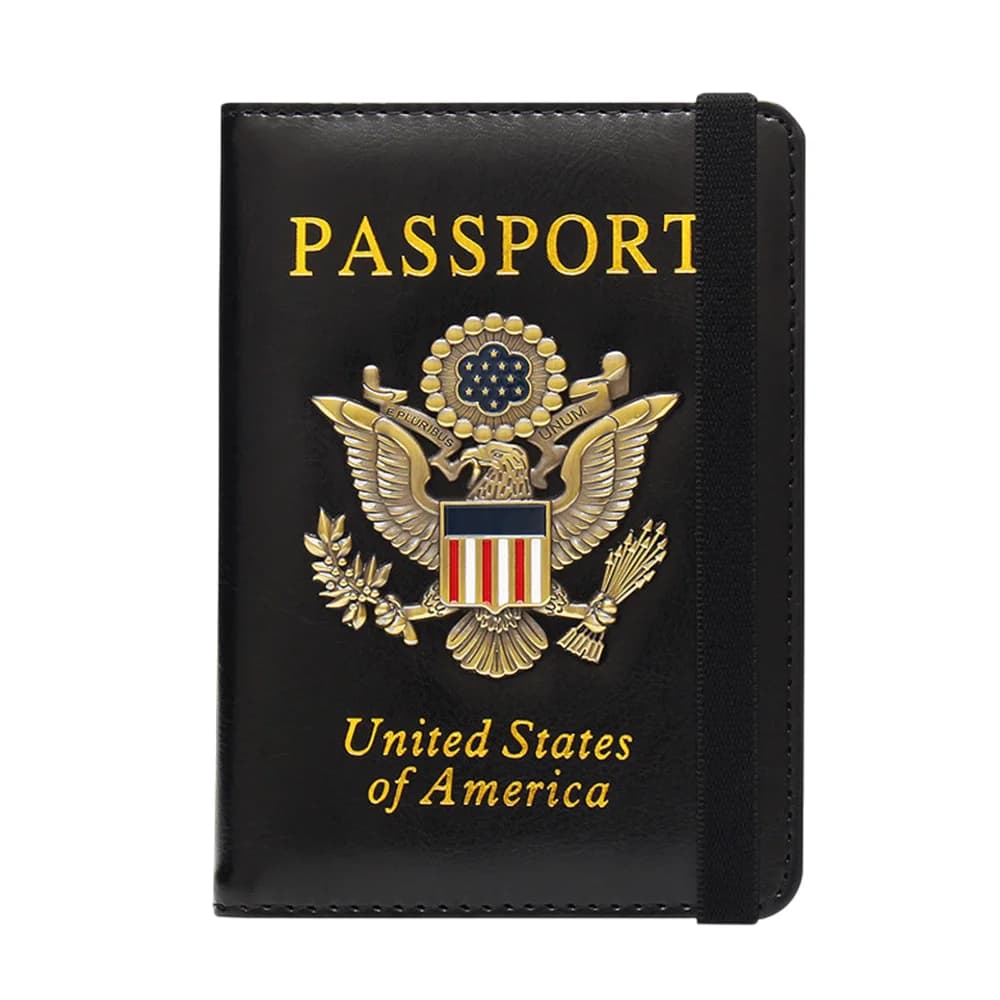 Porta Passaporto in Pelle con Blocco RFID, Distintivo Metallico Aquila Americana, Portafoglio da Viaggio, Custodia Protettiva per Documenti per Uomini e Donne