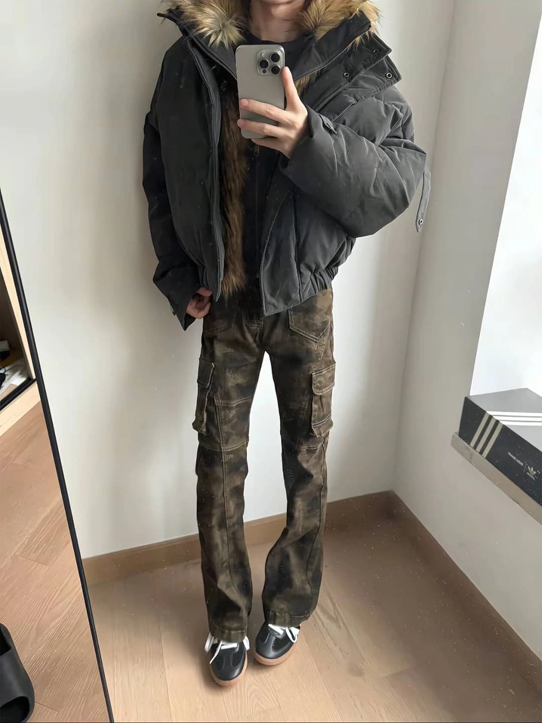 Retro American Camouflage Work Pants Men's Autumn Winter Fleece High Street Vibe Slimming Jeans Straight Leg Cargo Pants
