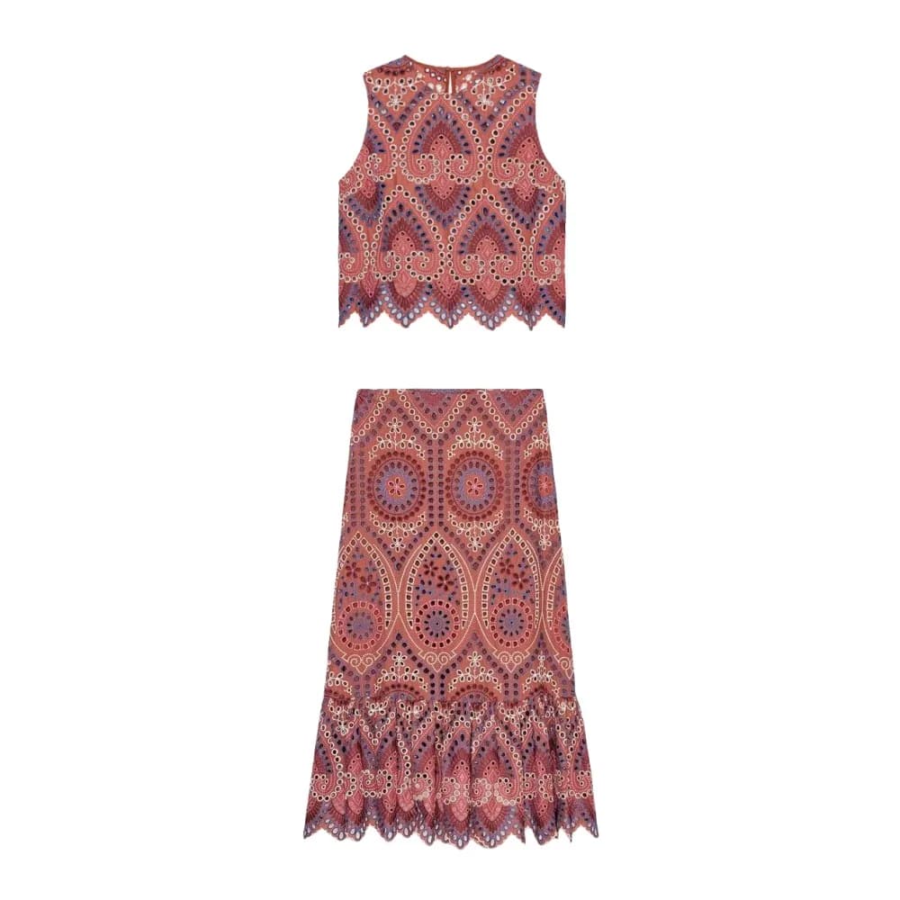 ETJ 2025 New women's wear Bohemian national style French hollow embroidery temperament vest & high waist MIDI skirt set
