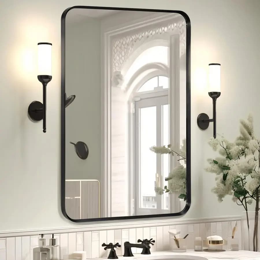 Specchio da parete per bagno, specchio da toeletta rettangolare con angoli arrotondati e cornice in metallo nero spazzolato 24 x 36, nero