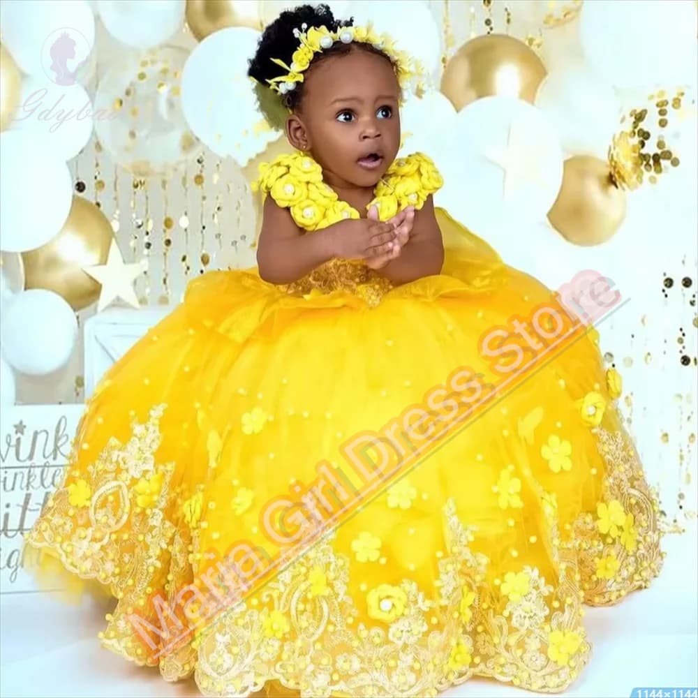 Abito da ragazza di fiore adorabile in oro di lusso con applicazioni in pizzo personalizzato compleanno matrimonio spettacolo di bellezza spettacolo regina per fotohoo