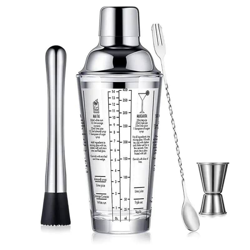 Shaker per Cocktail JHD in Vetro da 400ml con Coperchio in Acciaio Inox Antisgocciolamento, Include Jigger e Accessori da Bar