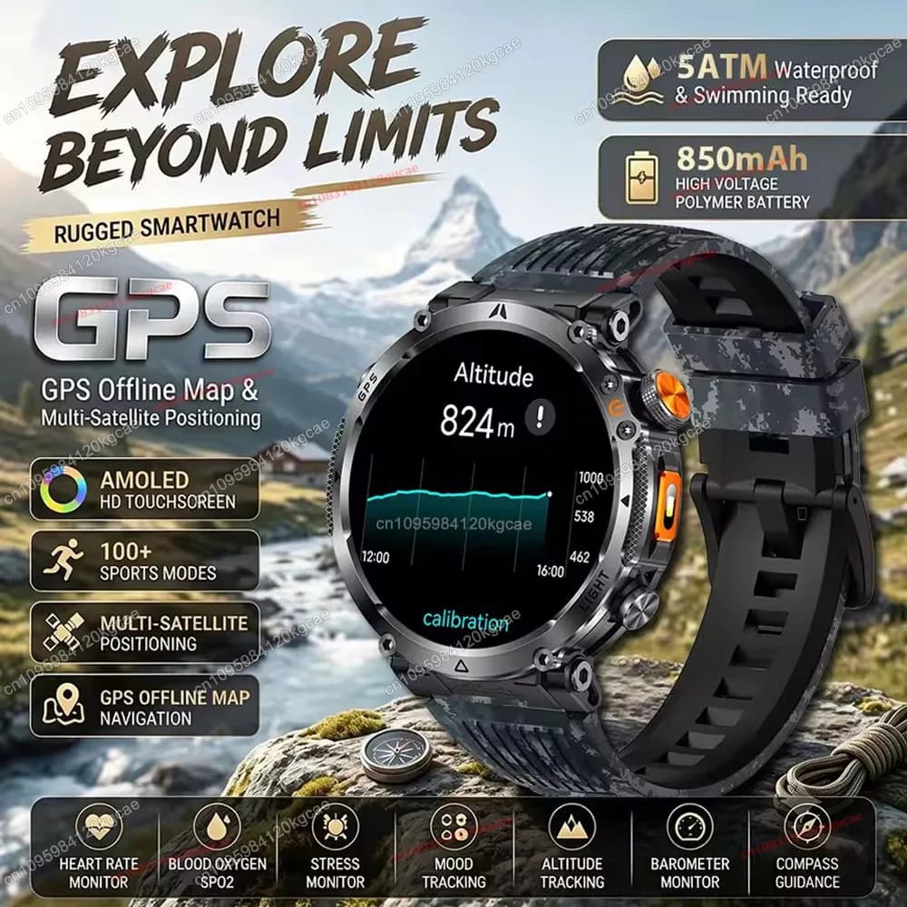 2026 New Outdoor Military Grade LED Flashlight Smart Watch Men IP68 Waterproof 100+ Sport Modes Bluetooth Call Smartwatches Hw12