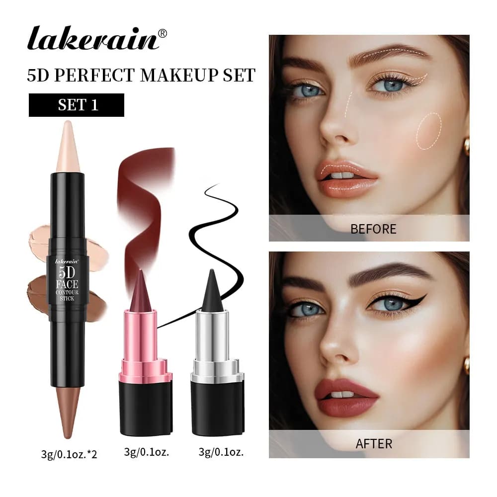 5D Perfect Makeup Set with Slender Stick, Eyeliner and Lipstick Easy Coloring Set for Long-Term Daily Makeup