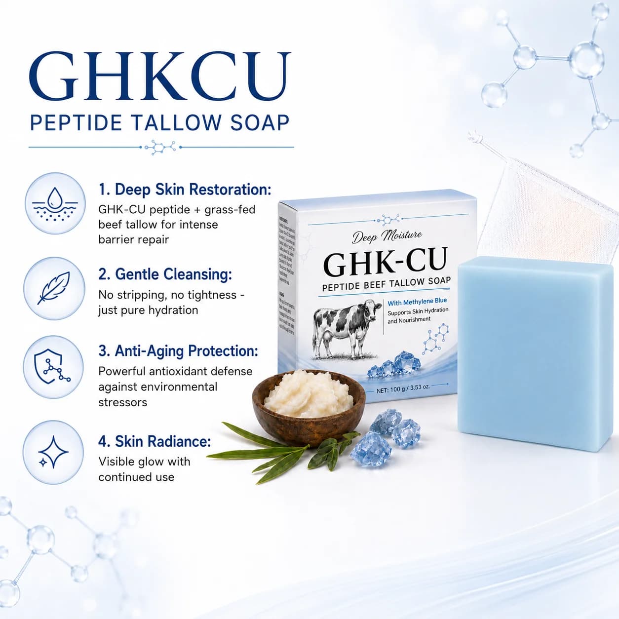 GHK-Cu Peptide Tallow Soap Bar for Face Body Moisturizing Cleansing Anti-Aging Wrinkle Reduction Hydrating Natural Skincare 100g