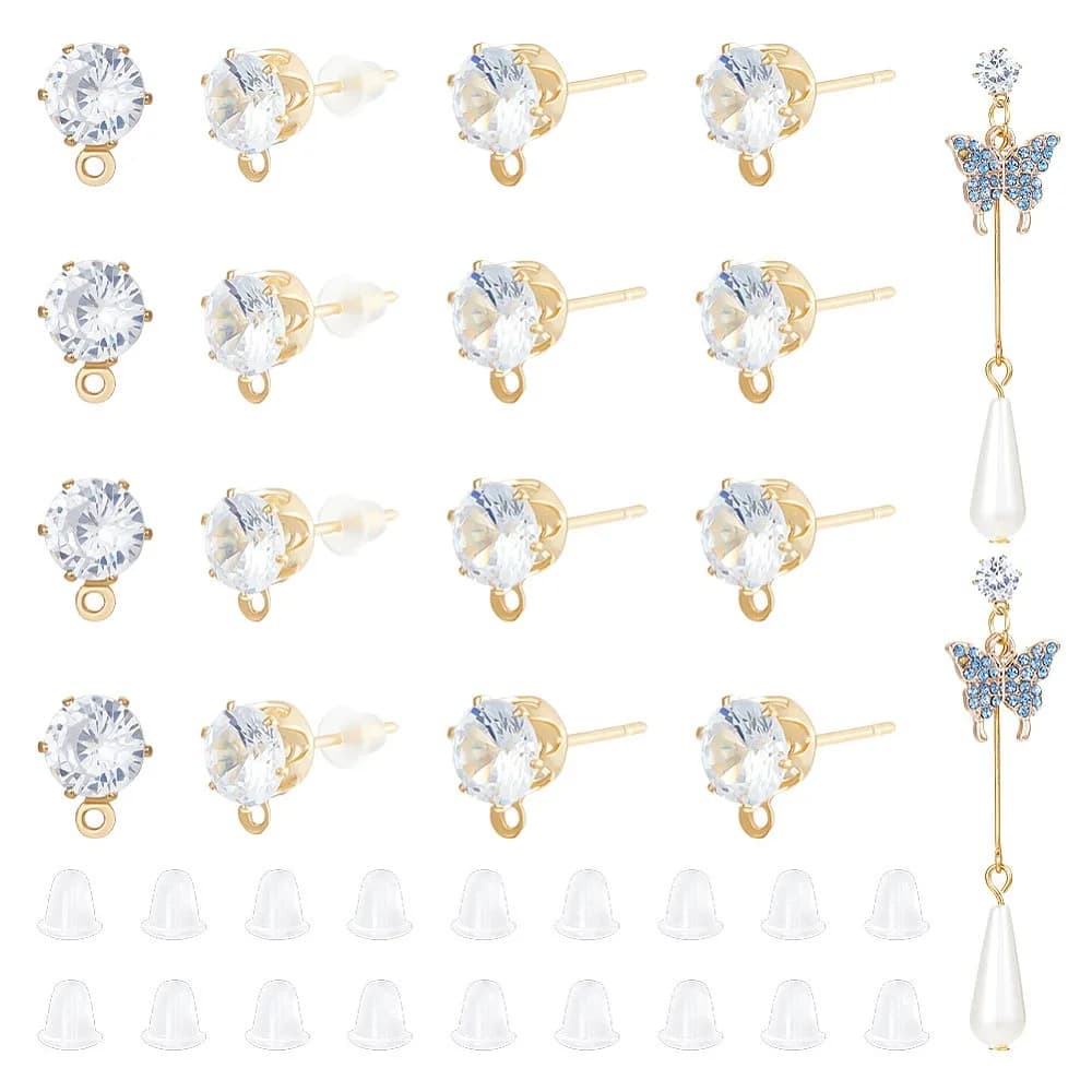 12 paia di orecchini a bottone con zirconi cubici, orecchini con strass, accessori per orecchini fai da te in vero ottone con orecchini con foro da 1 mm