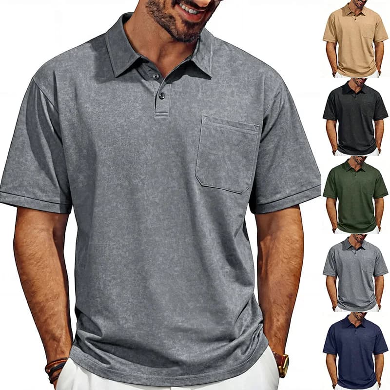 Men Summer Washed Texture Short Sleeve Polo Shirt Chest Pocket Loose Soft Versatile Daily Business Casual Golf Tees