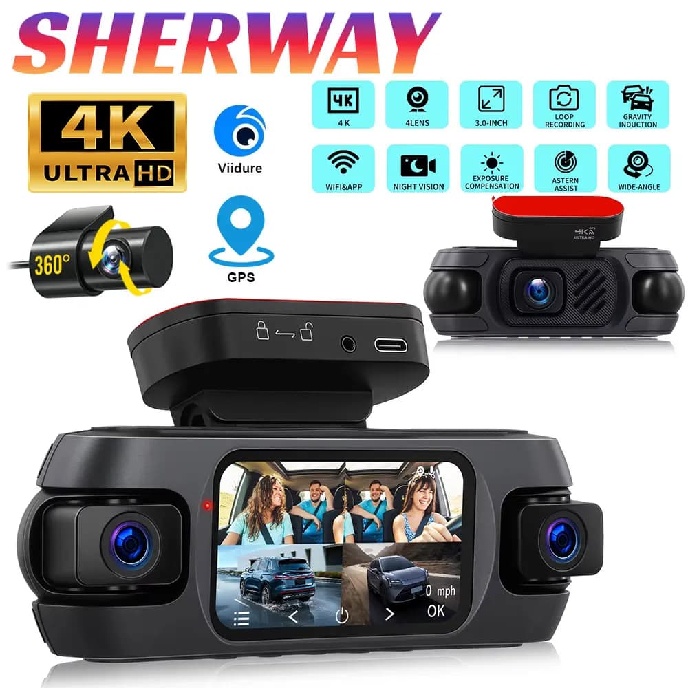 Dash Cam 4 Canals 360° ° Dashcam 4K GPS WiFi for Auto, 4 Channels (Anterior, Left, Right, Rear), Black Box with Night Vision, 24h Recording and Monitored Parking