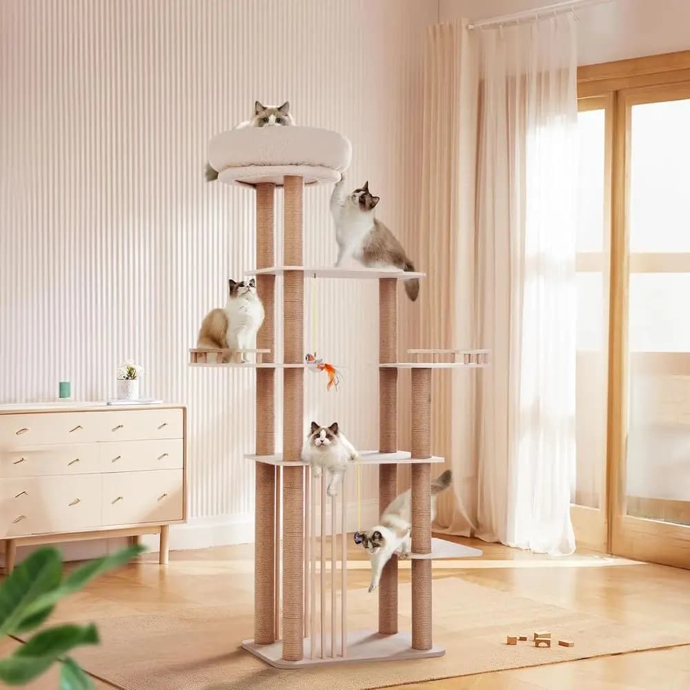 Grande Torre per Gatti a 68 Livelli con Tiragraffi in Sisal e Giocattolo Uccellino Cinguettante in Peluche